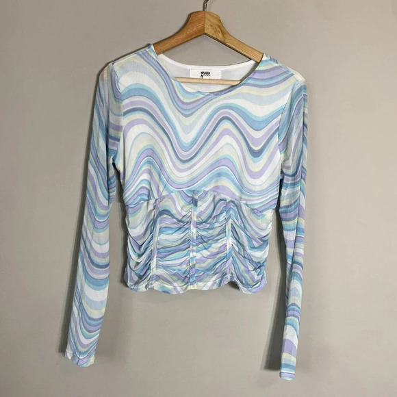 Madden NYC Y2K Wavy Corset Crop Top Women's Large Long Sleeve Mesh Stretch - Picture 5 of 14